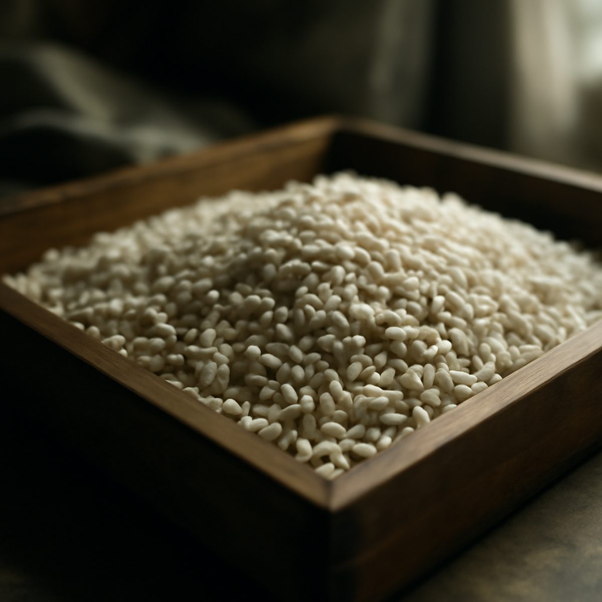 Pale koji rice grains spread across a wooden tray under soft diffused light
