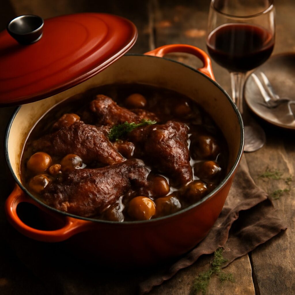 Coq au vin simmering in a Dutch oven with a glossy dark wine sauce and mushrooms