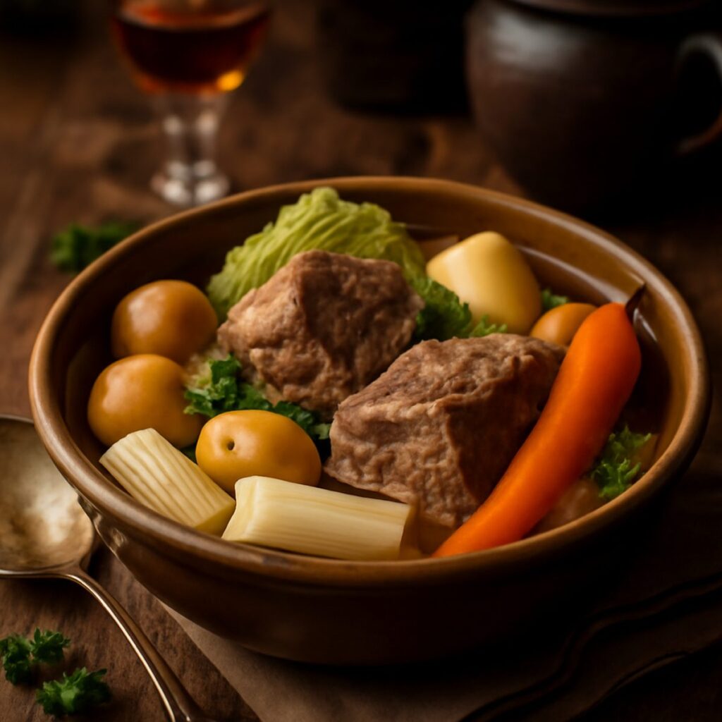 Pot-au-feu of beef and root vegetables resting in clear broth in a rustic pot