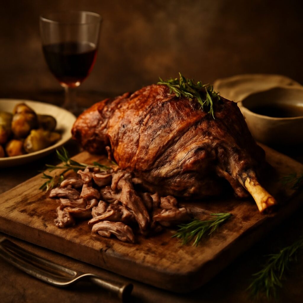 A slow-roast lamb shoulder resting on a wooden board in warm rustic light