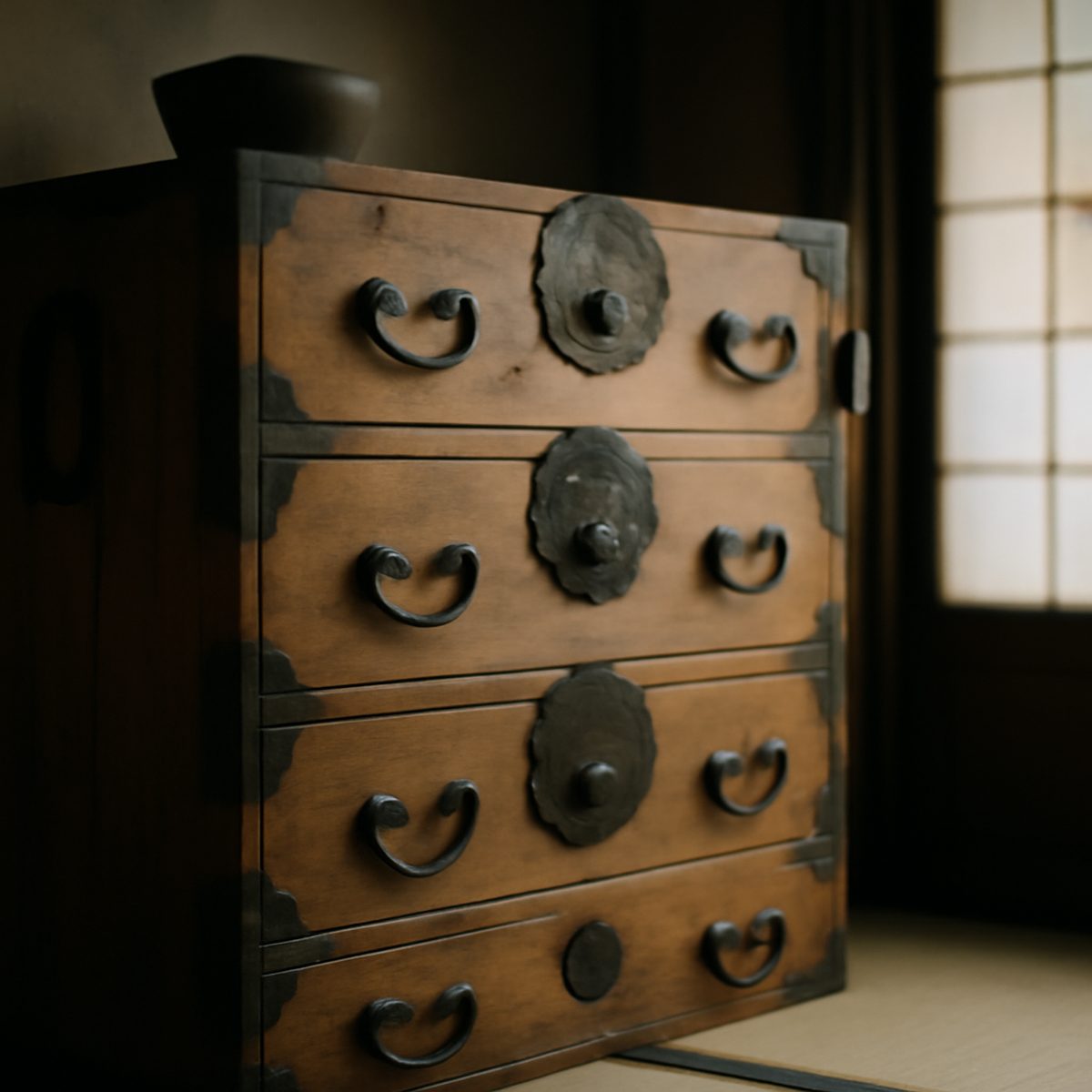 A wooden tansu chest with hand-forged iron fittings standing in calm, soft natural light