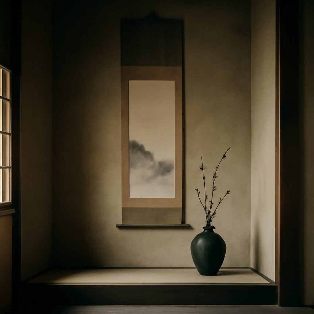 A minimal Japanese tokonoma alcove holding a hanging scroll and a single flower arrangement