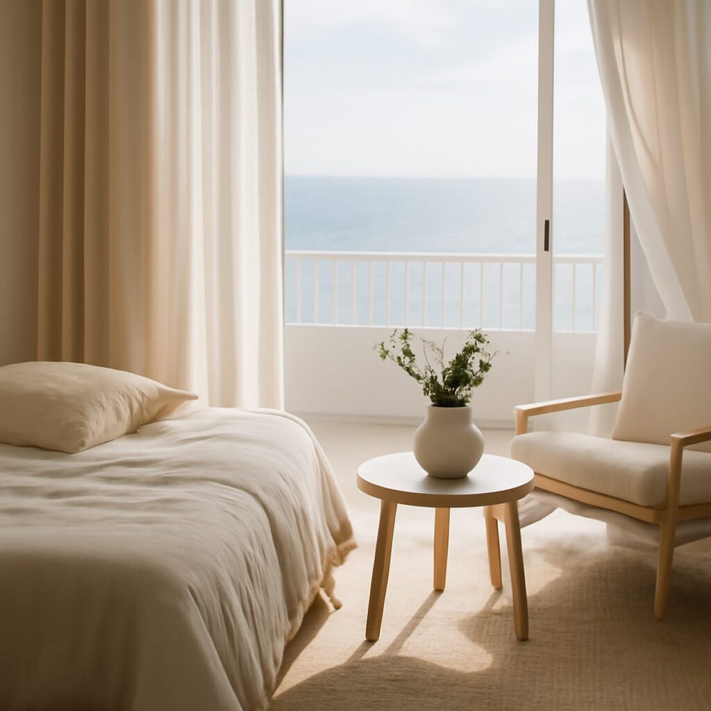 A breezy coastal living room with linen upholstery, pale wood and bright natural light
