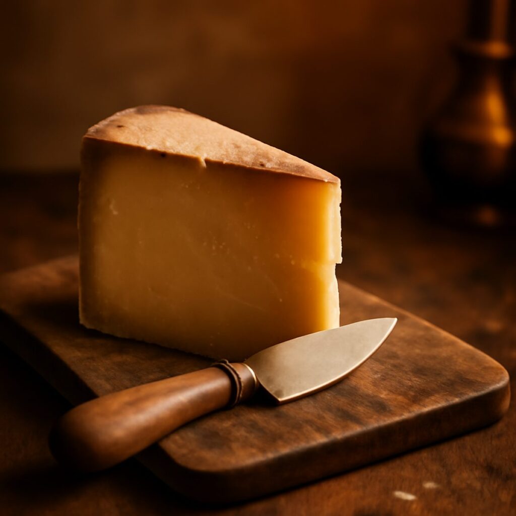 Wedge of aged Comte cheese with a knife on a wooden board in warm light