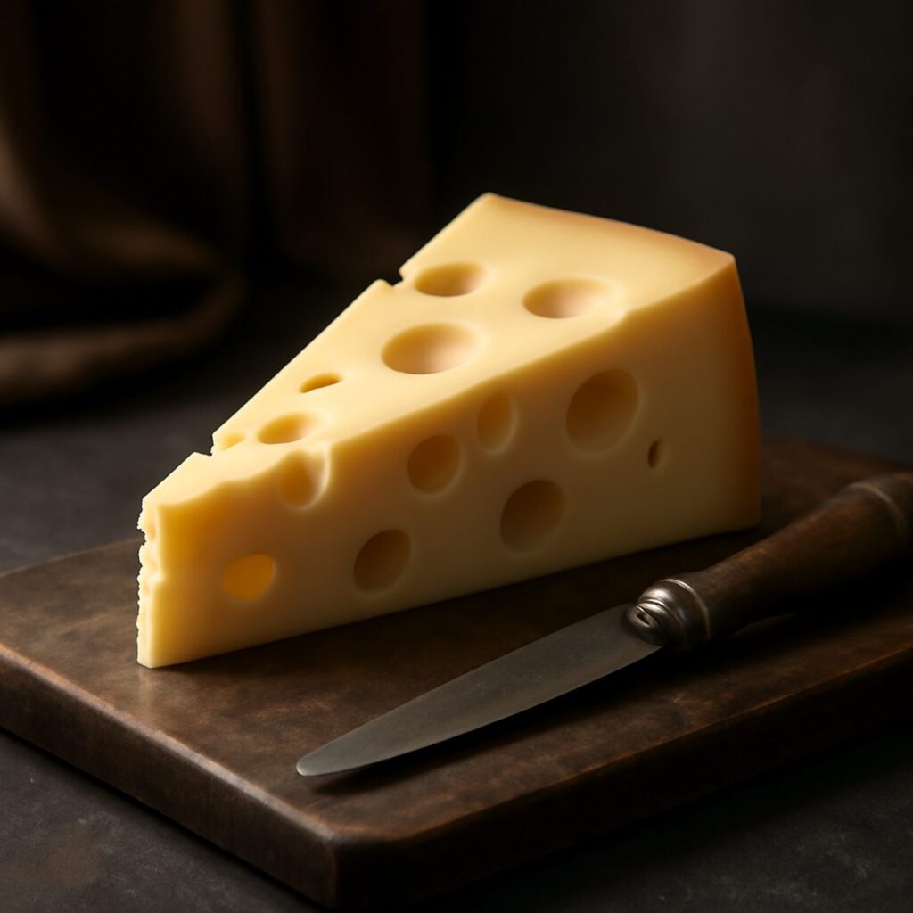 A cut wedge of emmental cheese showing large holes beside a knife on wood