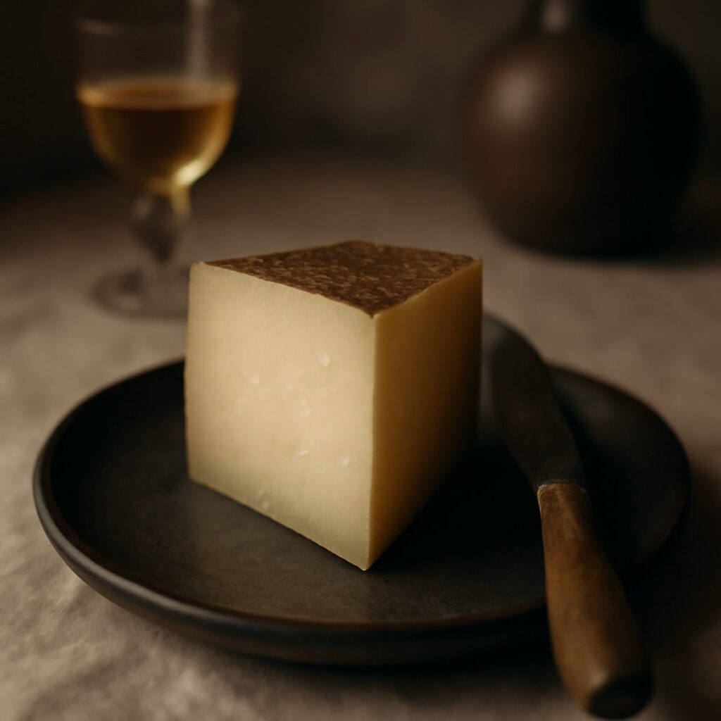 Wedge of aged Manchego showing woven rind beside a knife on a rustic board