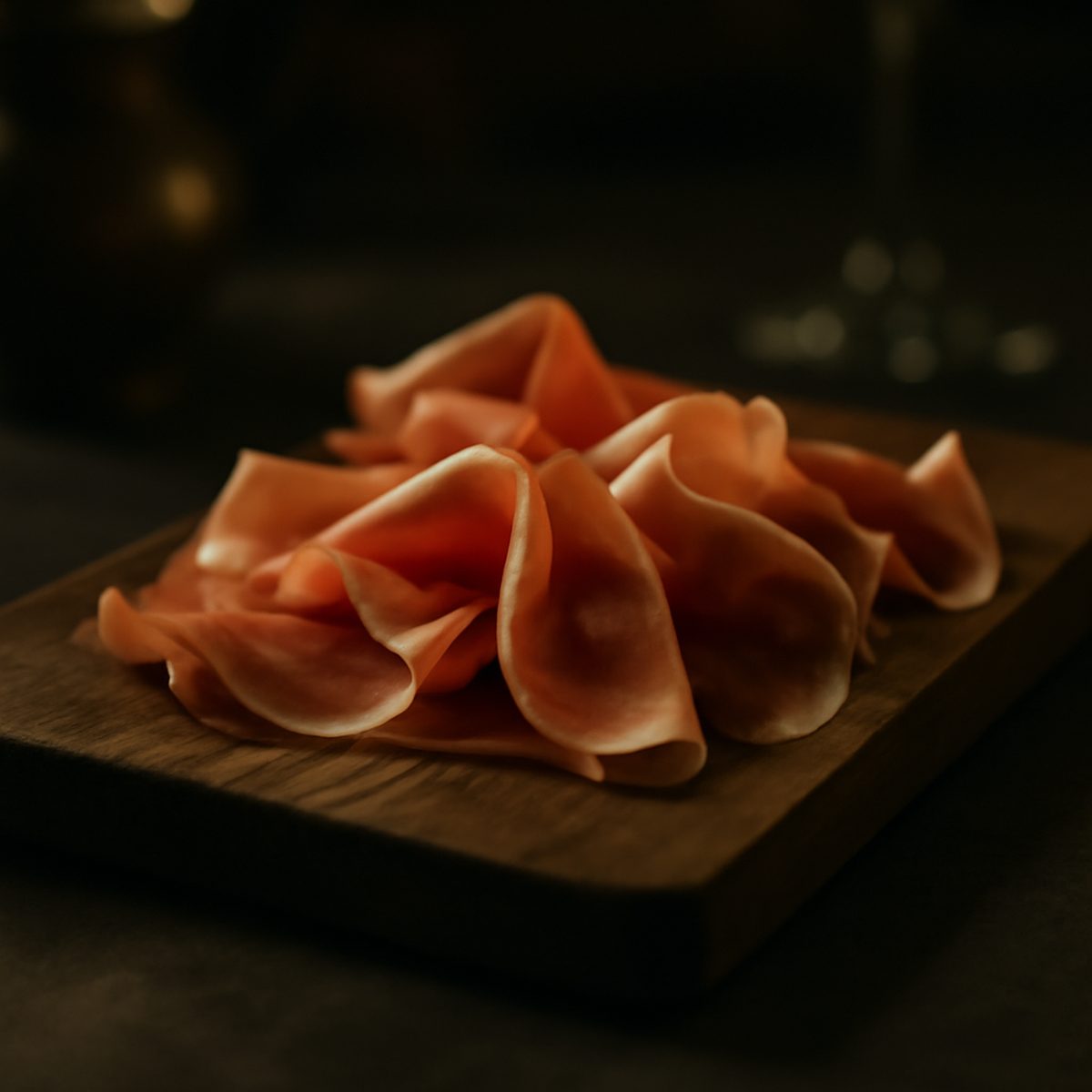 Thin slices of cured prosciutto arranged on a marble board in soft light
