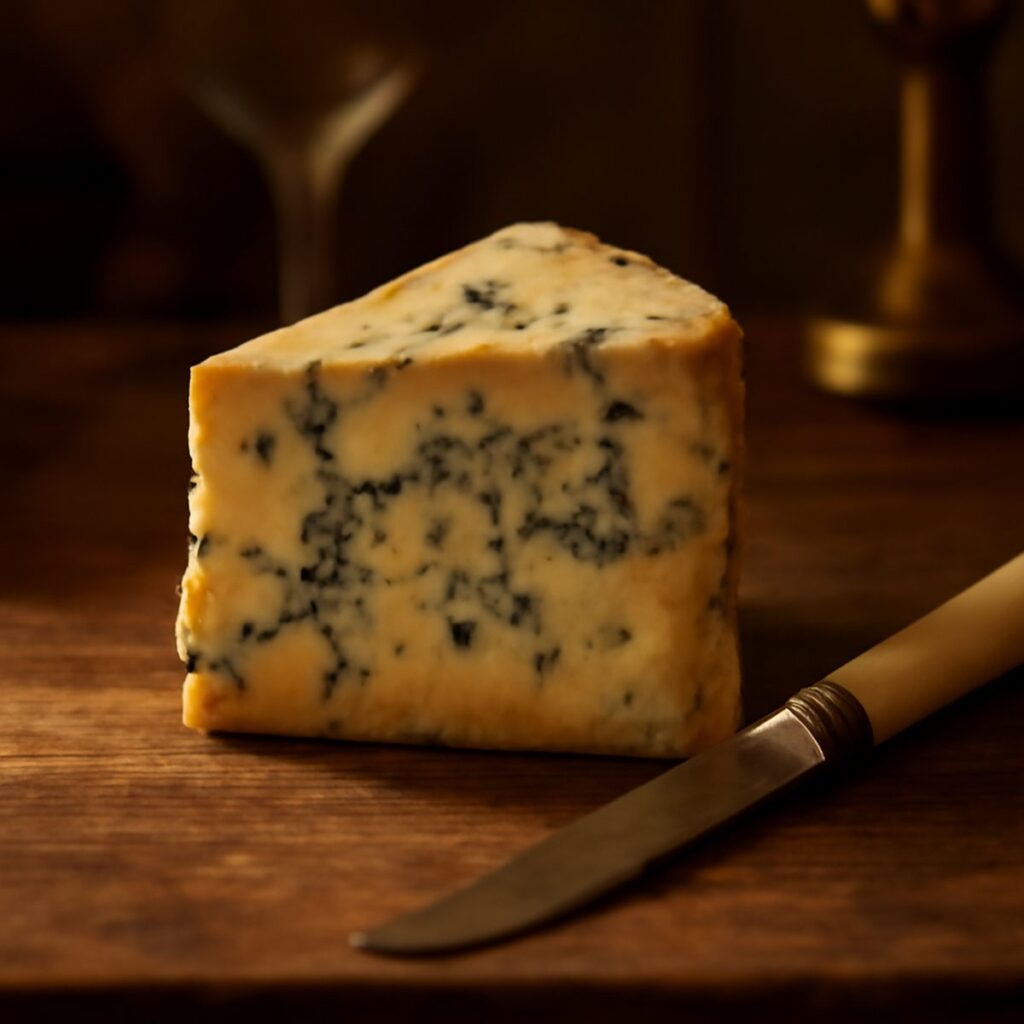 Wedge of blue Stilton cheese with a knife resting beside it in warm still-life light