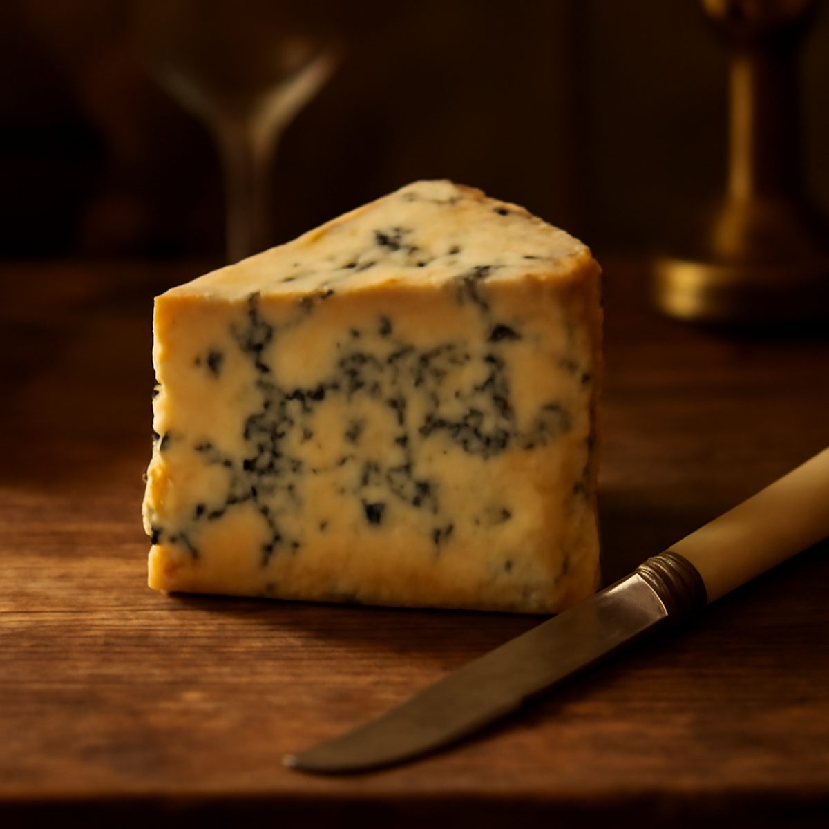 Wedge of blue Stilton cheese with a knife resting beside it in warm still-life light