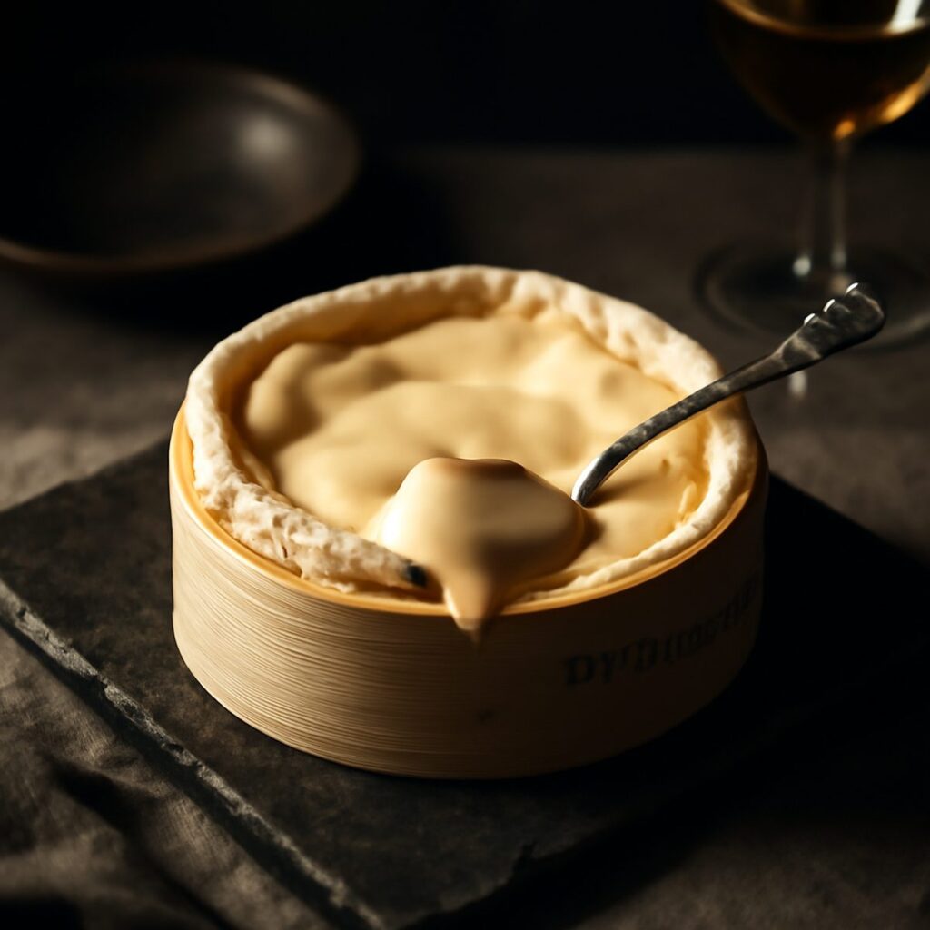 Runny vacherin Mont d'Or in its spruce box with a spoon lifting a scoop of cheese