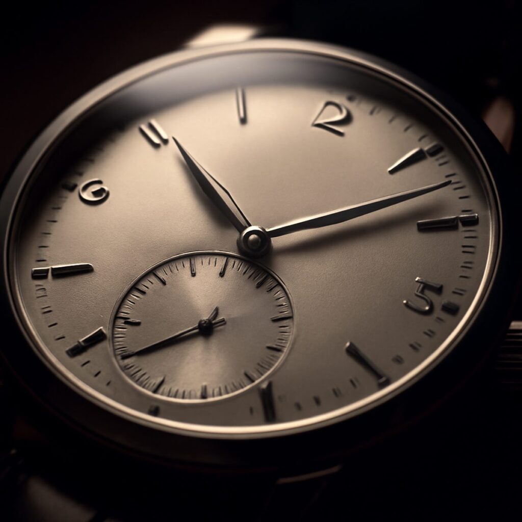 A deadbeat-seconds watch dial photographed in macro detail under soft, even light