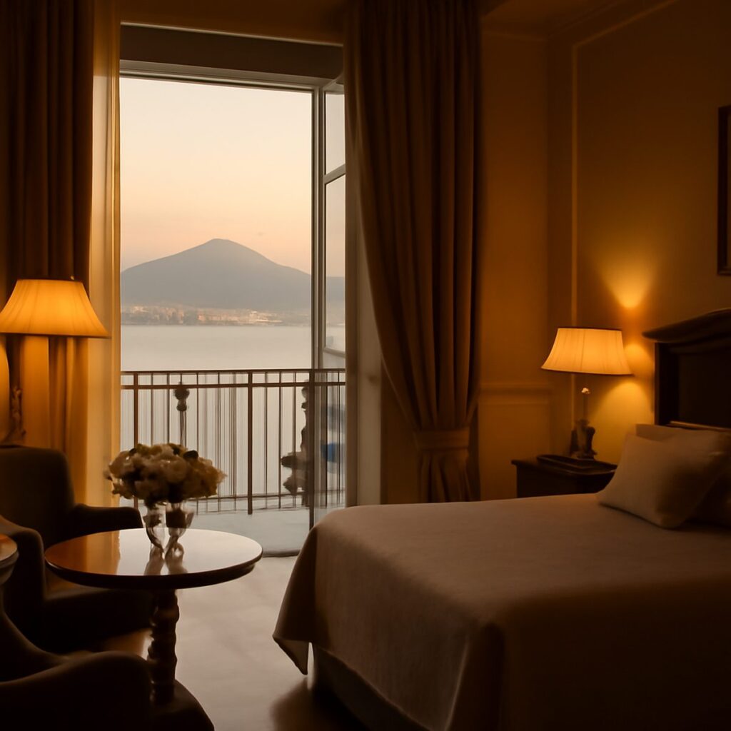A stylish Naples hotel interior framing a view over the bay in warm afternoon light