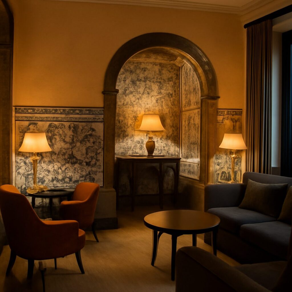 A stylish Porto hotel room with blue azulejo tiles, dark timber and warm evening light
