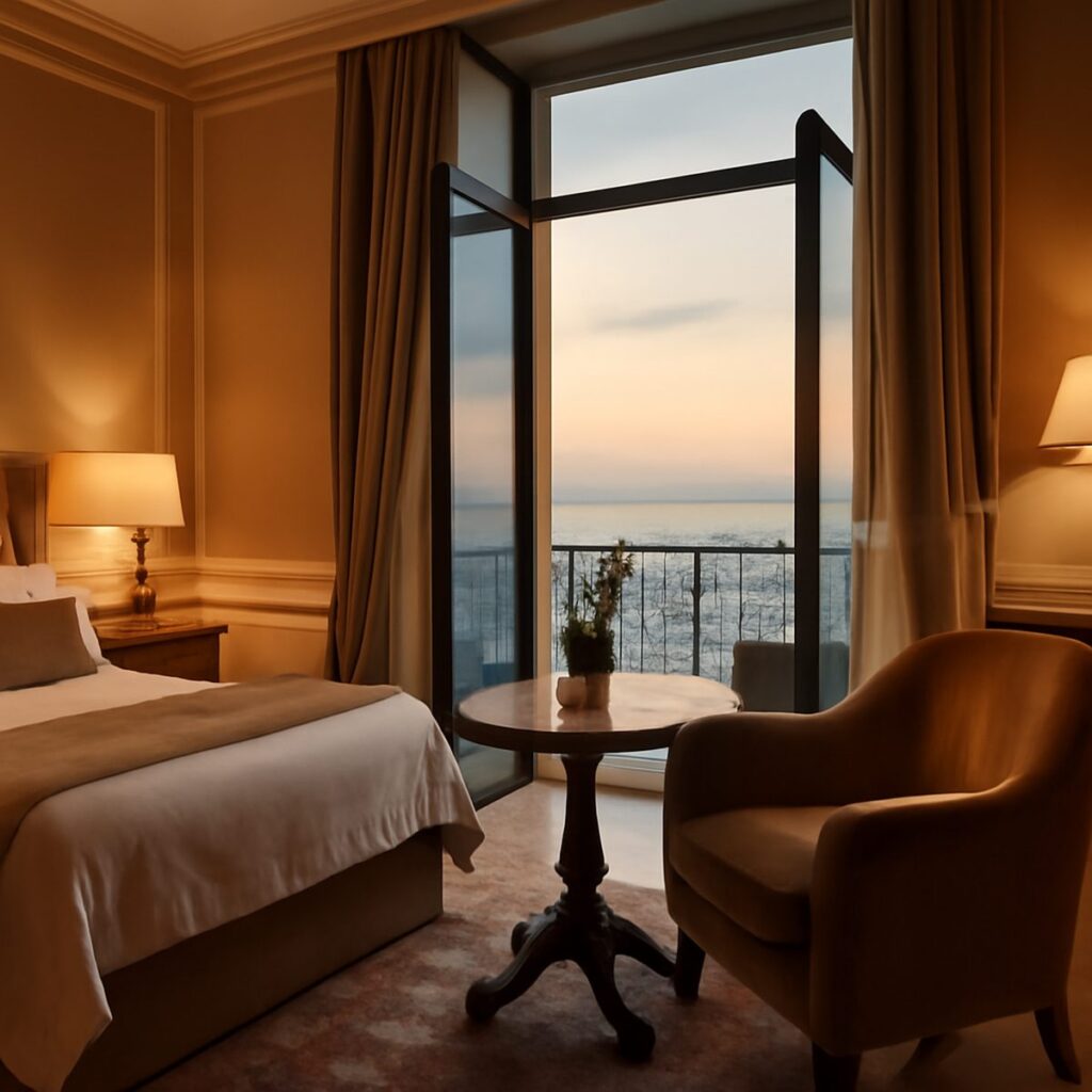 A stylish Trieste hotel interior with tall windows framing a seafront view