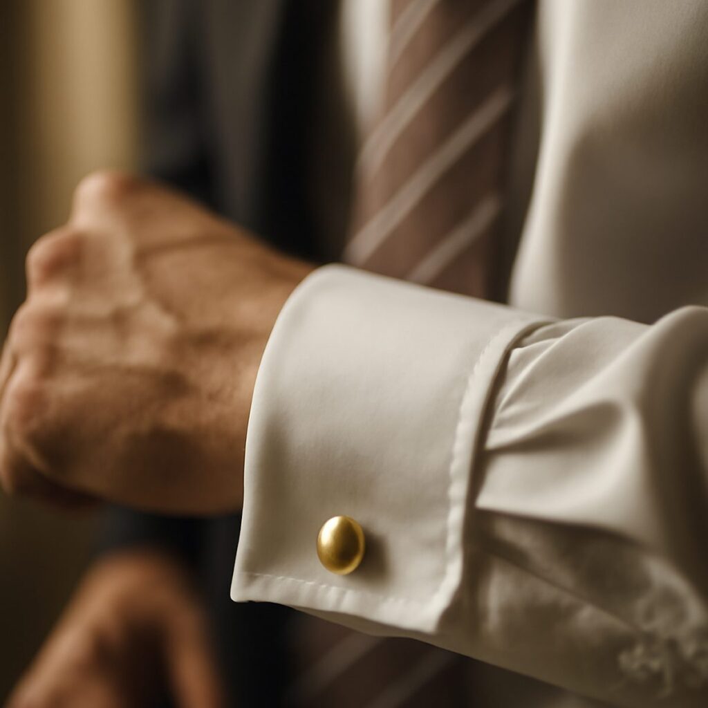 A crisp white shirt cuff fastened with a simple silver cufflink resting on a table