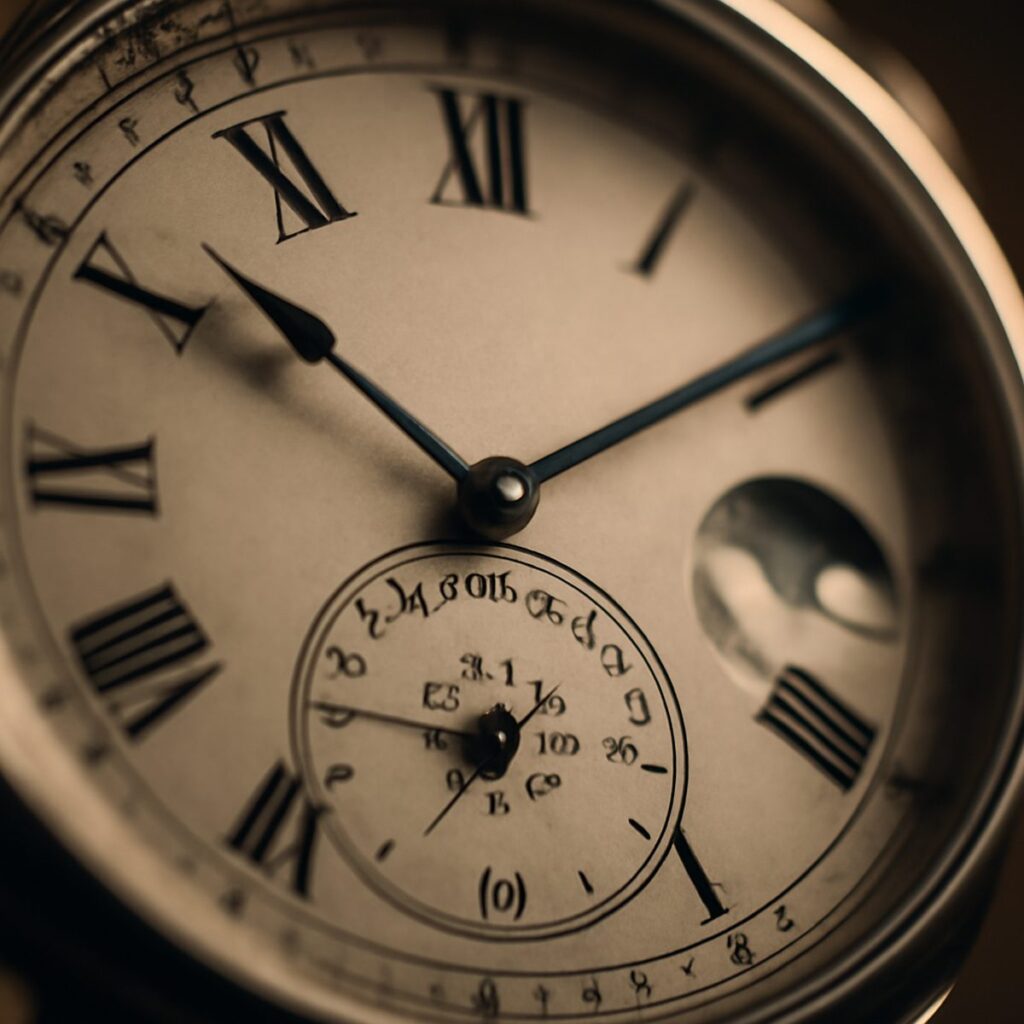 Close macro of an equation-of-time watch dial showing its curved kidney-shaped scale