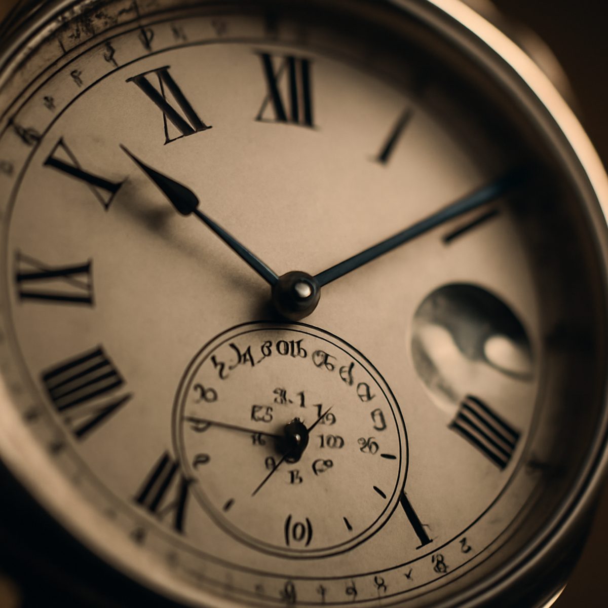 Close macro of an equation-of-time watch dial showing its curved kidney-shaped scale