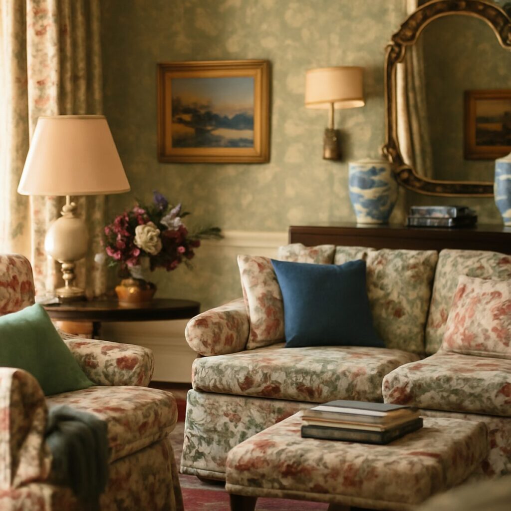Layered grandmillennial sitting room with chintz, patterned wallpaper and skirted table