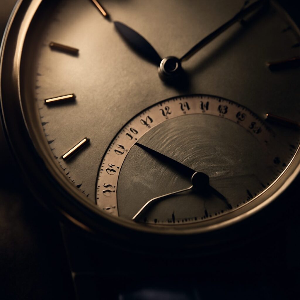 A watch dial with a curved retrograde hand sweeping across an arc, macro, soft light