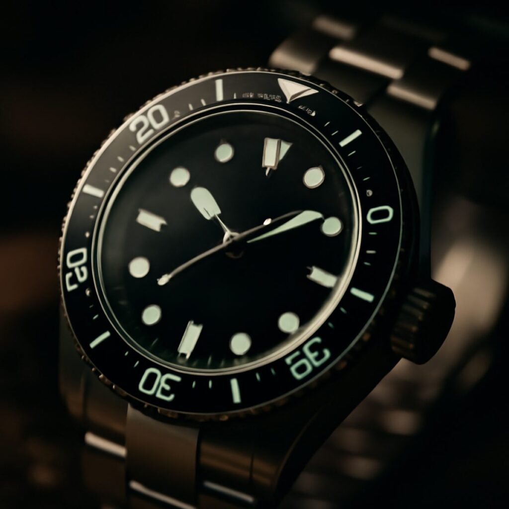 Close-up of a stainless steel dive watch bezel with luminous markers