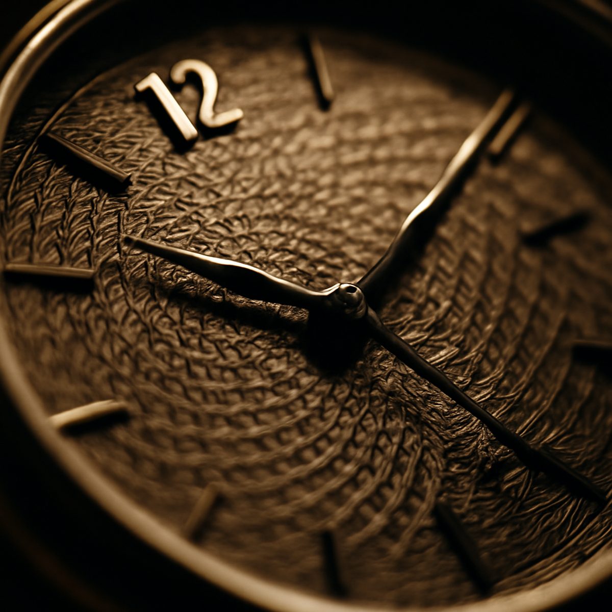 Macro shot of a textured guilloche watch dial catching light