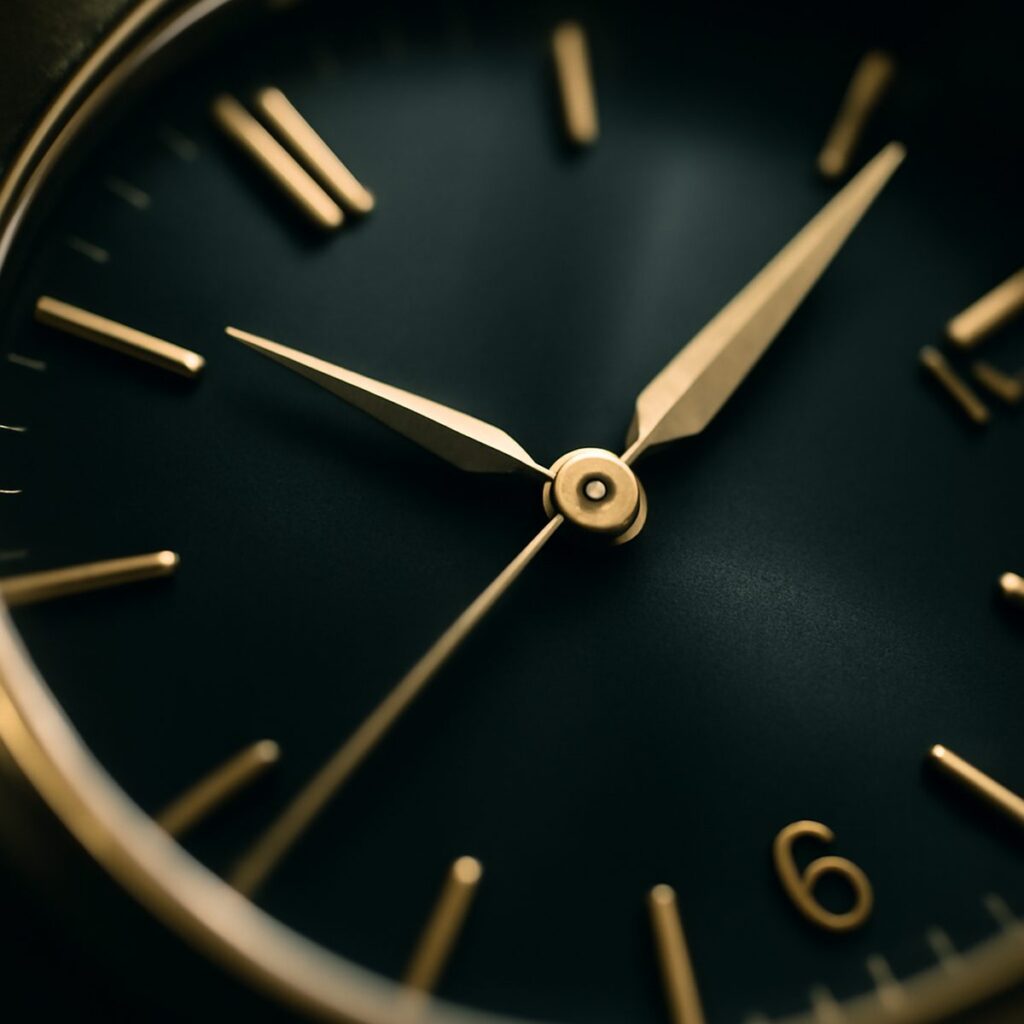 Close-up of tapered dauphine watch hands against a matte dial
