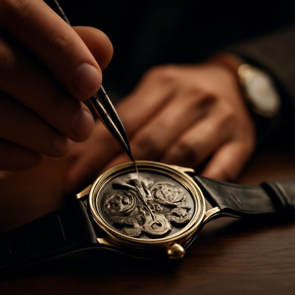 A watchmaker adjusting the regulator on an open mechanical movement