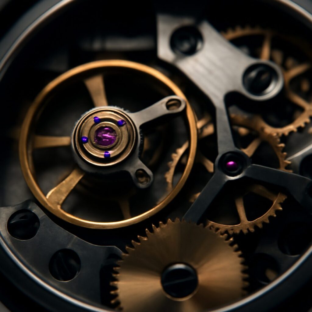 Close-up of mechanical watch movement showing balance wheel and escapement