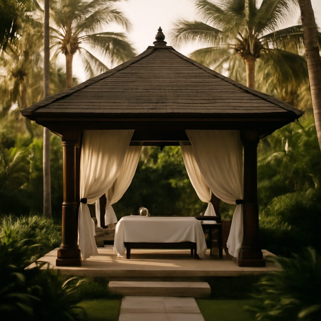 Outdoor spa pavilion surrounded by palm trees near the coast