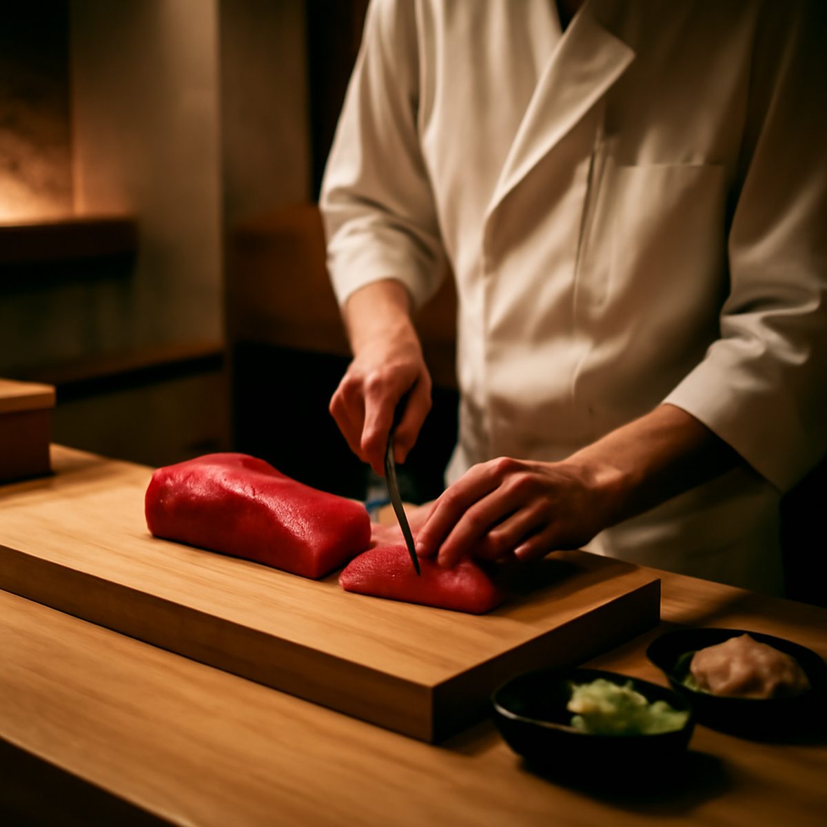 chef's hands slicing fresh tuna at a sushi counter