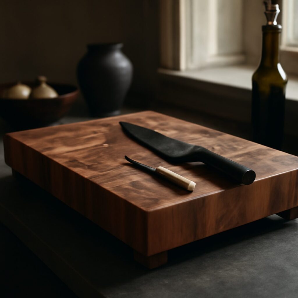 A thick end-grain wooden chopping board on a counter in natural daylight