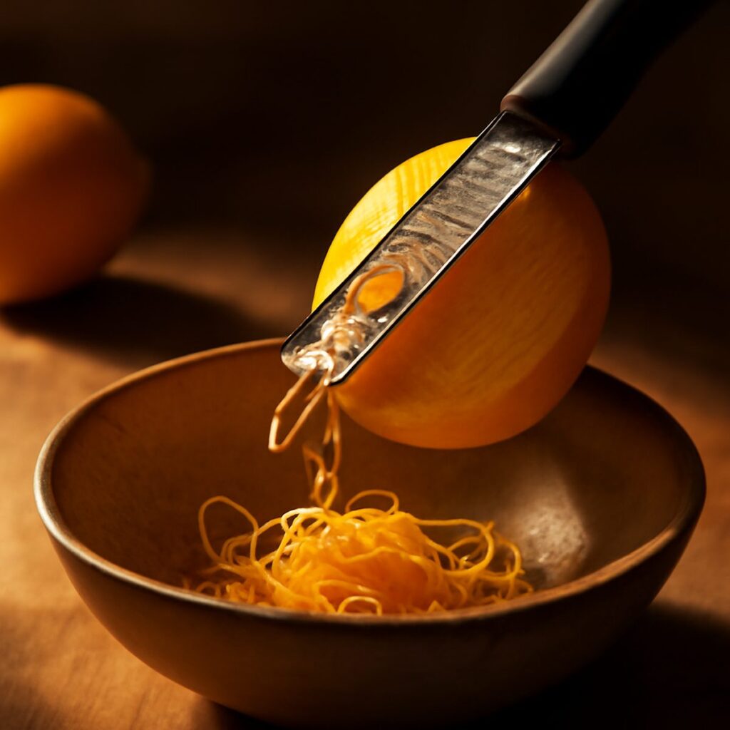 A fine zester grating citrus peel over a bowl in close-up under warm kitchen light