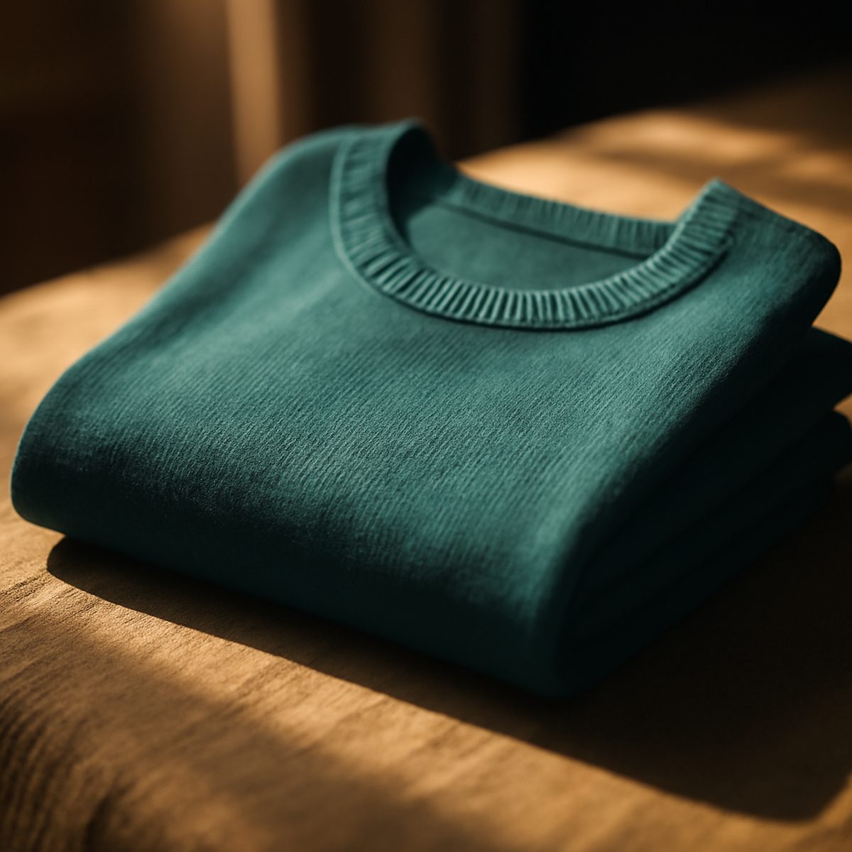 A teal fine-knit jumper folded neatly on a surface in warm natural light
