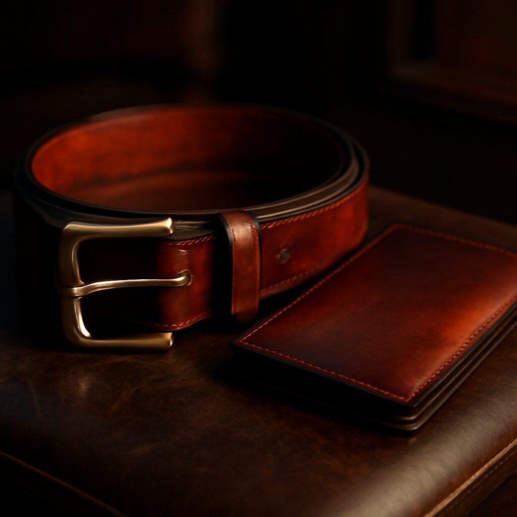 A bridle leather belt and wallet close up, rich patina and soft sheen along worn edges
