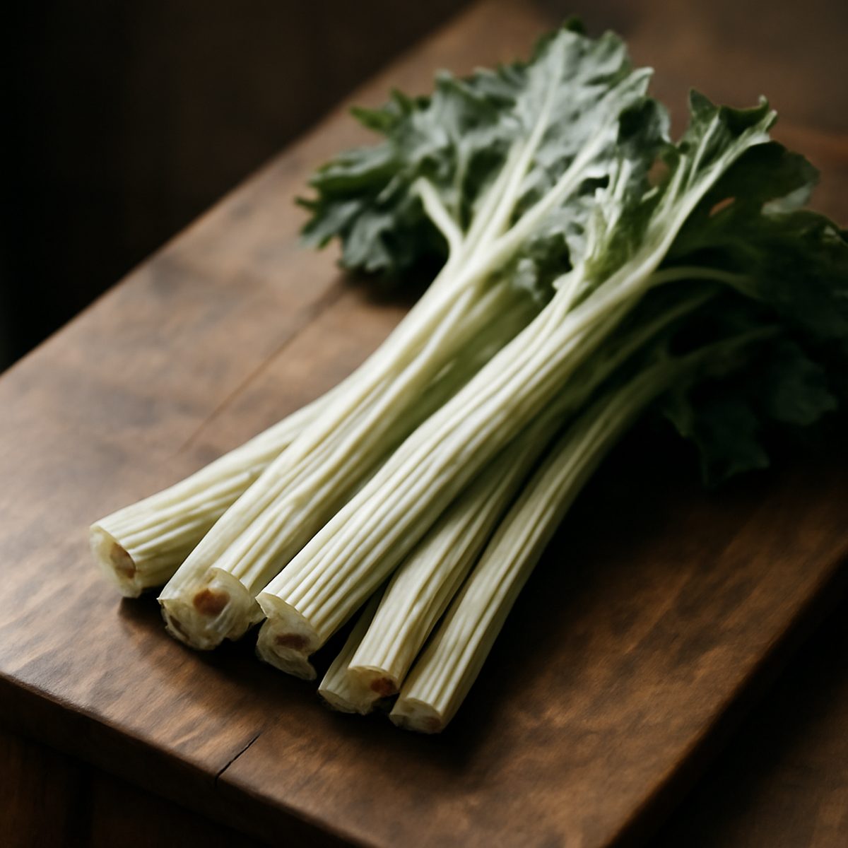 Fresh pale cardoon stalks trimmed on a wooden board in soft natural kitchen light