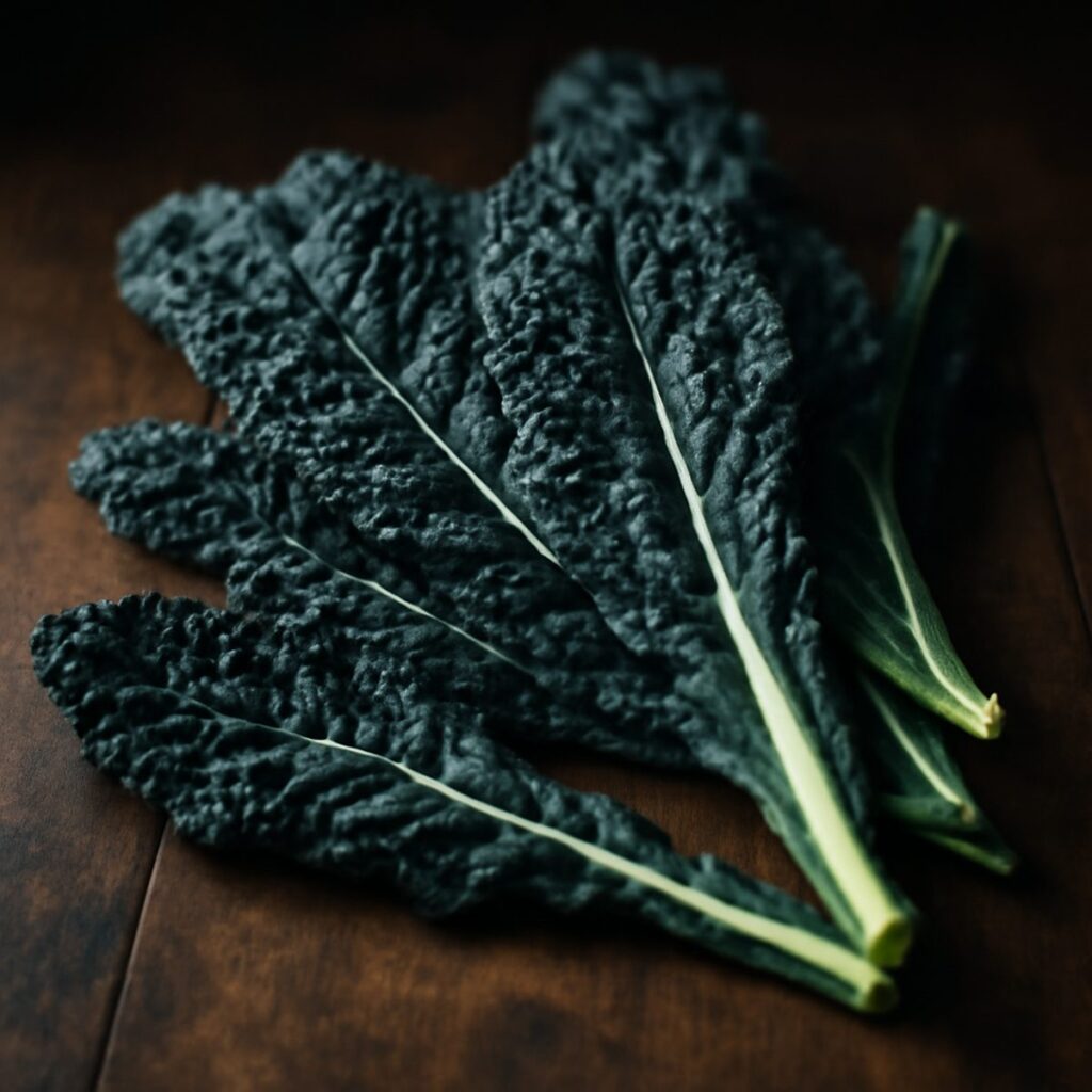Dark bumpy cavolo nero leaves on a wooden board in soft natural light