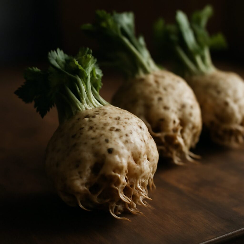 Whole knobbly celeriac roots resting on a wooden kitchen surface in daylight
