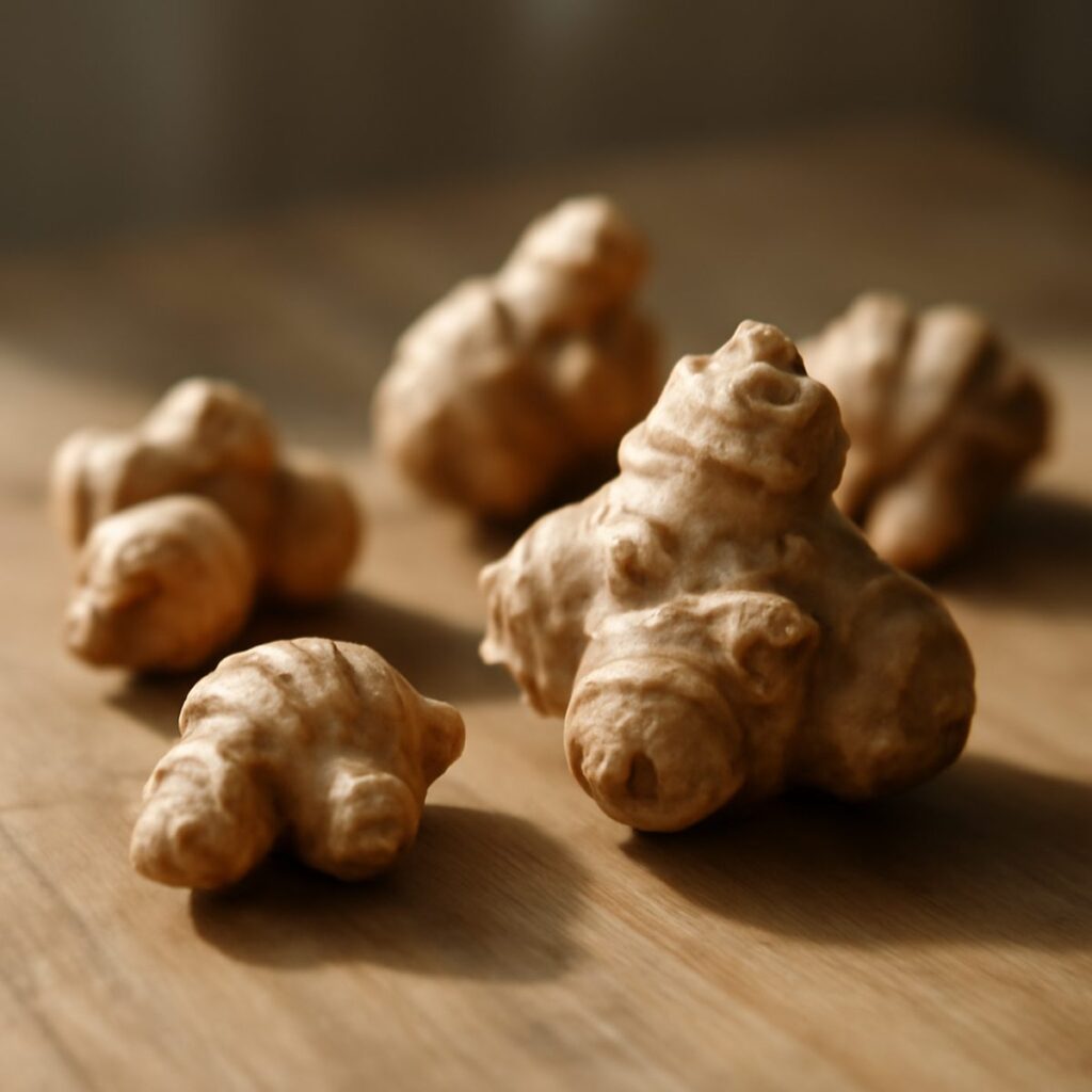 Knobbly Jerusalem artichokes scattered on a wooden surface in soft natural light