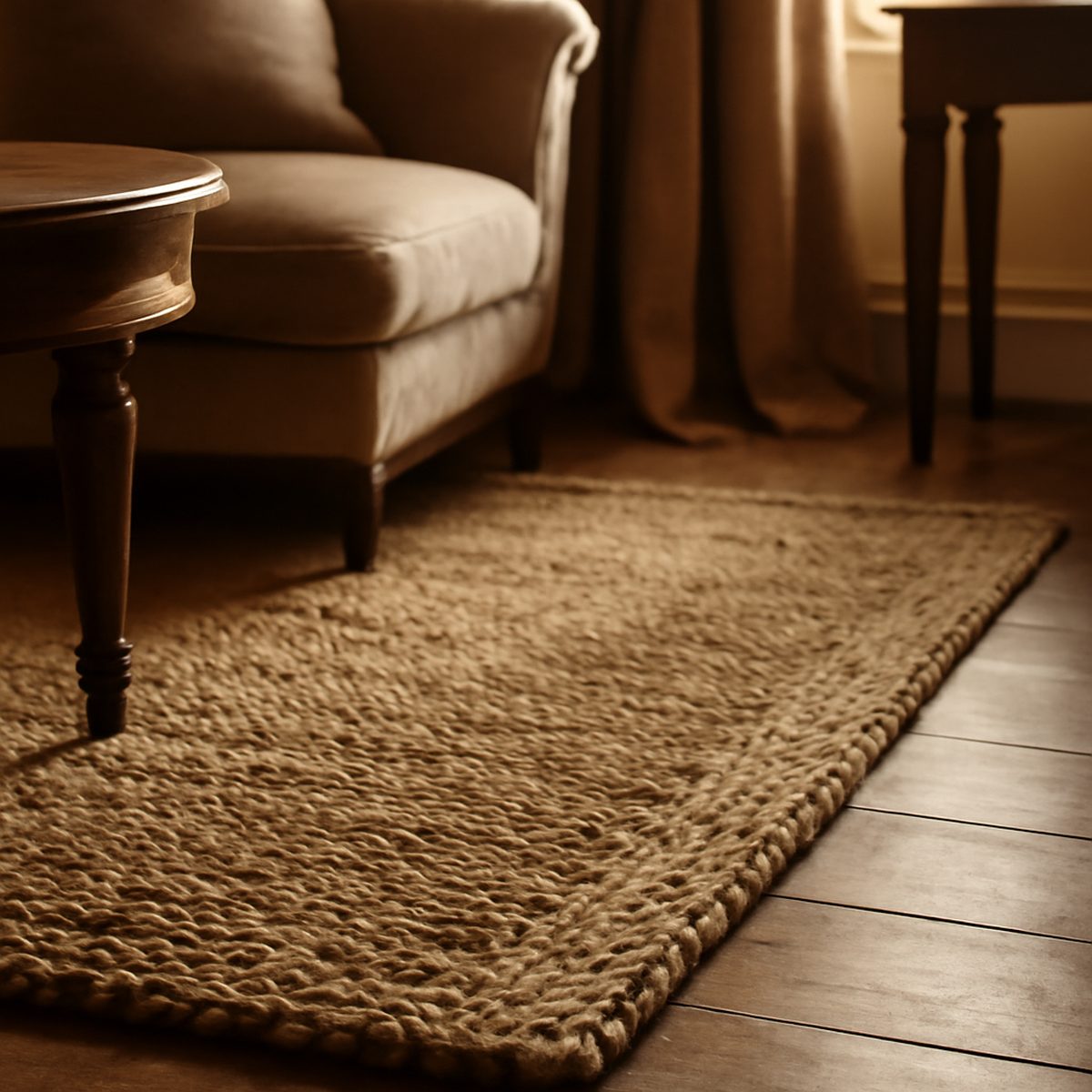 A textured natural jute rug on a wooden floor catching warm afternoon light