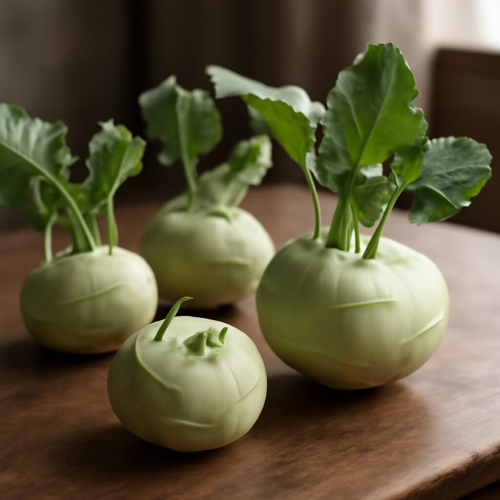 Fresh pale green kohlrabi bulbs with leaves on a wooden surface in natural light
