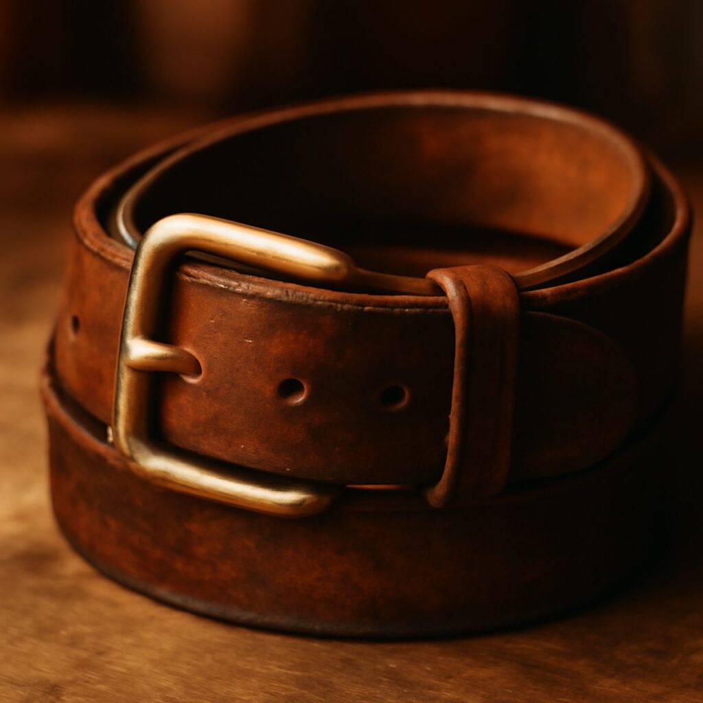 A thick latigo leather belt showing rich patina and burnished edges in warm light