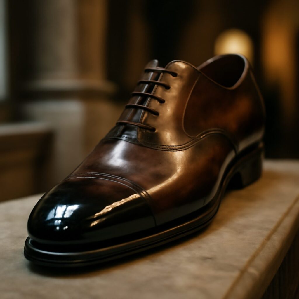 A dark museum calf shoe with a marbled finish reflecting light in a mirror shine