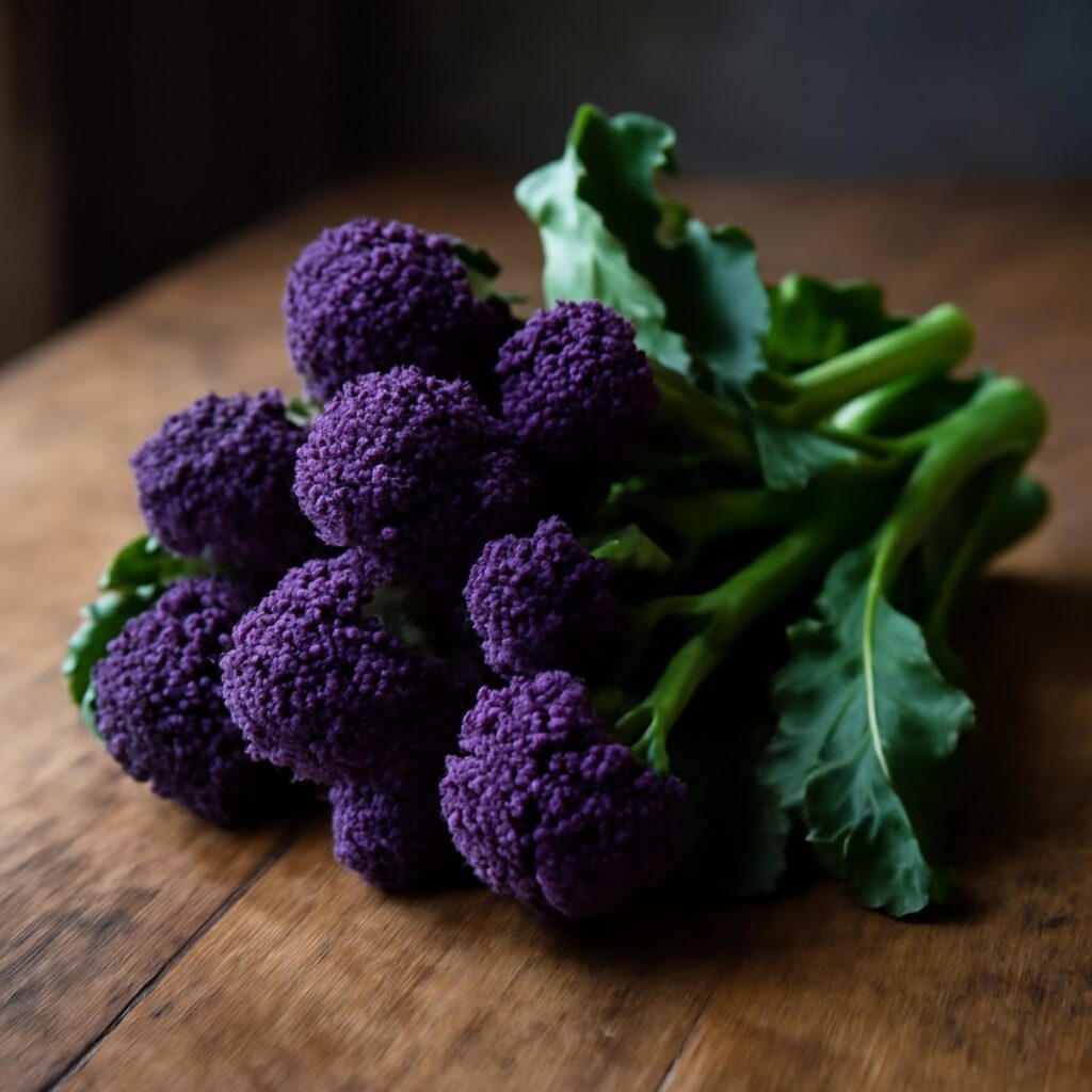 Fresh purple sprouting broccoli spears with violet tips resting on a wooden board in soft light