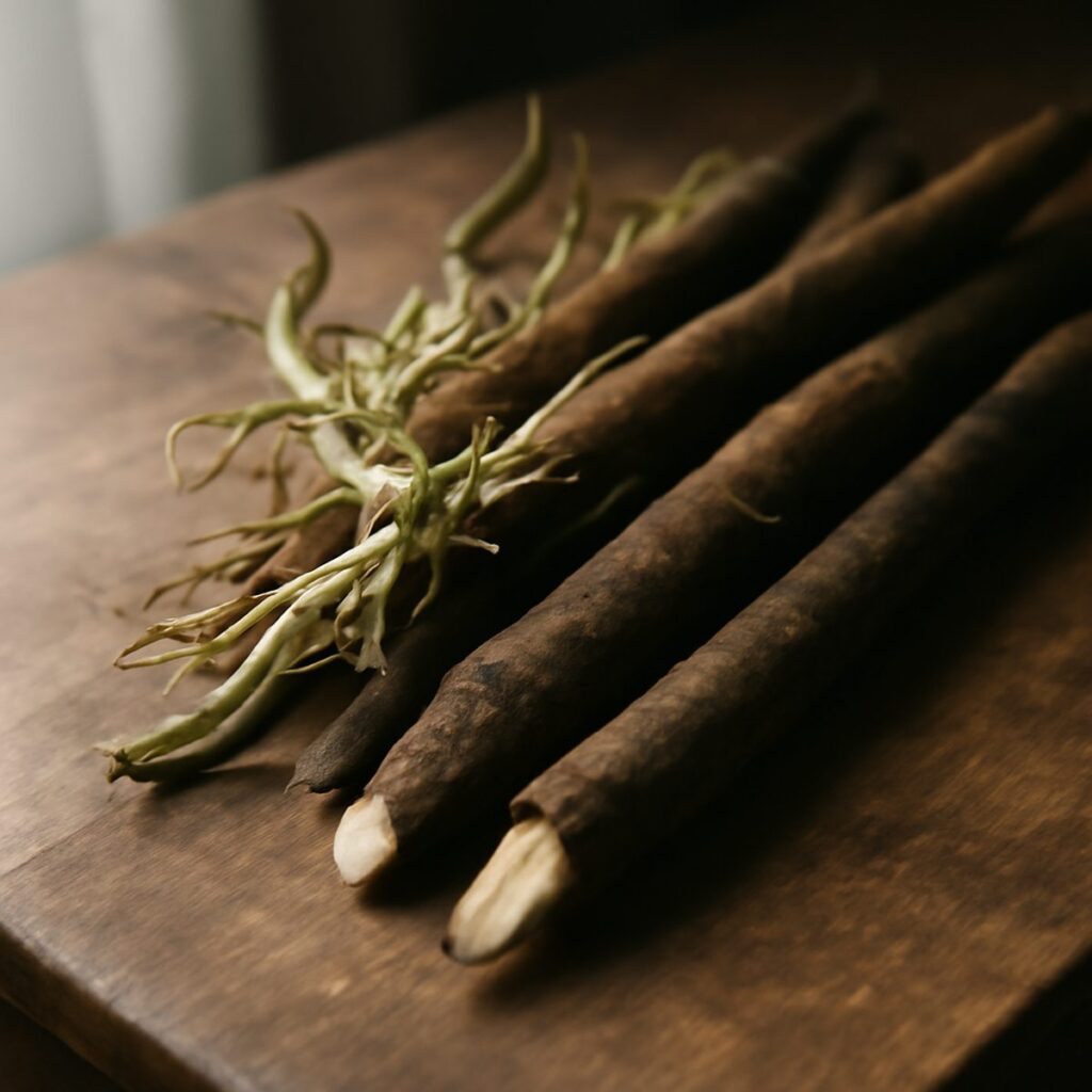 Fresh salsify roots with soil and leaves on a wooden surface in natural light