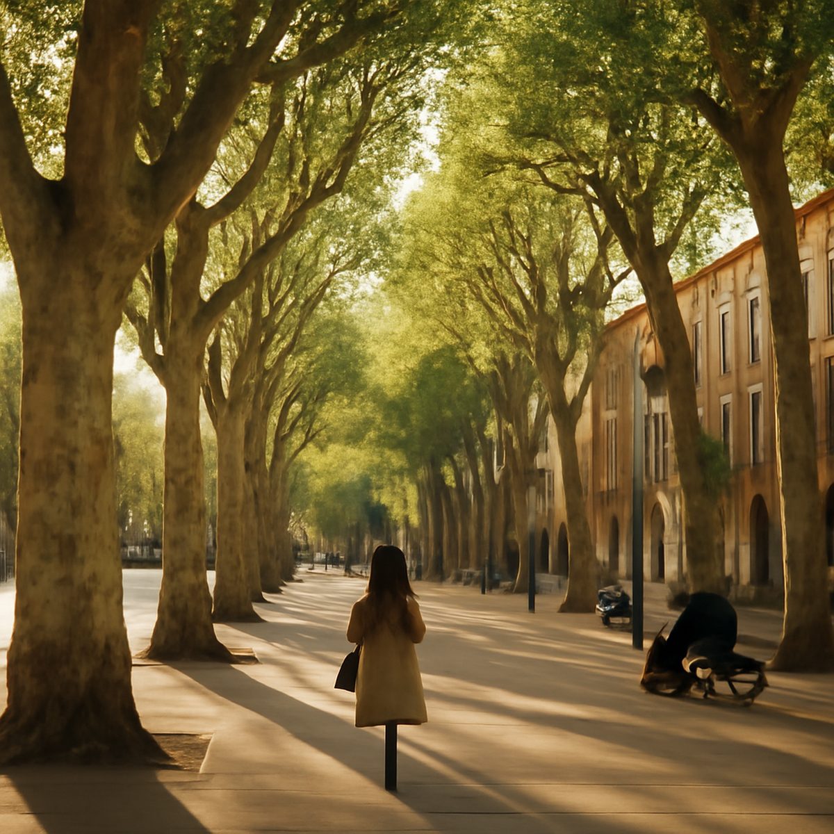 Spring plane trees arching over an elegant boulevard in Aix-en-Provence, warm light