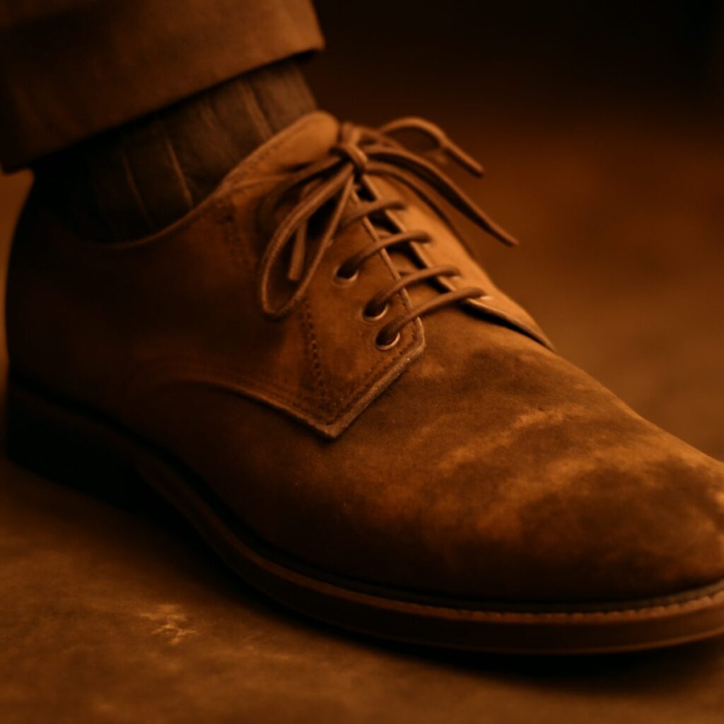 A worn brown suede shoe photographed close showing soft nap and developing patina in warm light