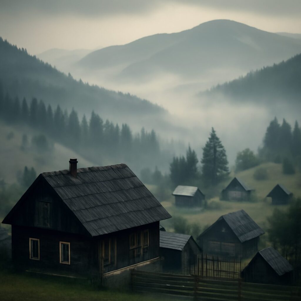 Misty Carpathian ridges rising behind a wooden mountain village under a moody overcast sky