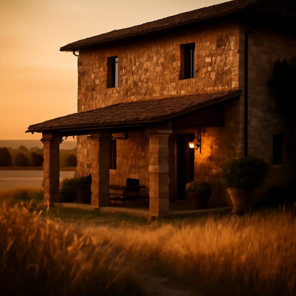 Stone farmhouse with a warm lit porch set against open fields in golden evening light