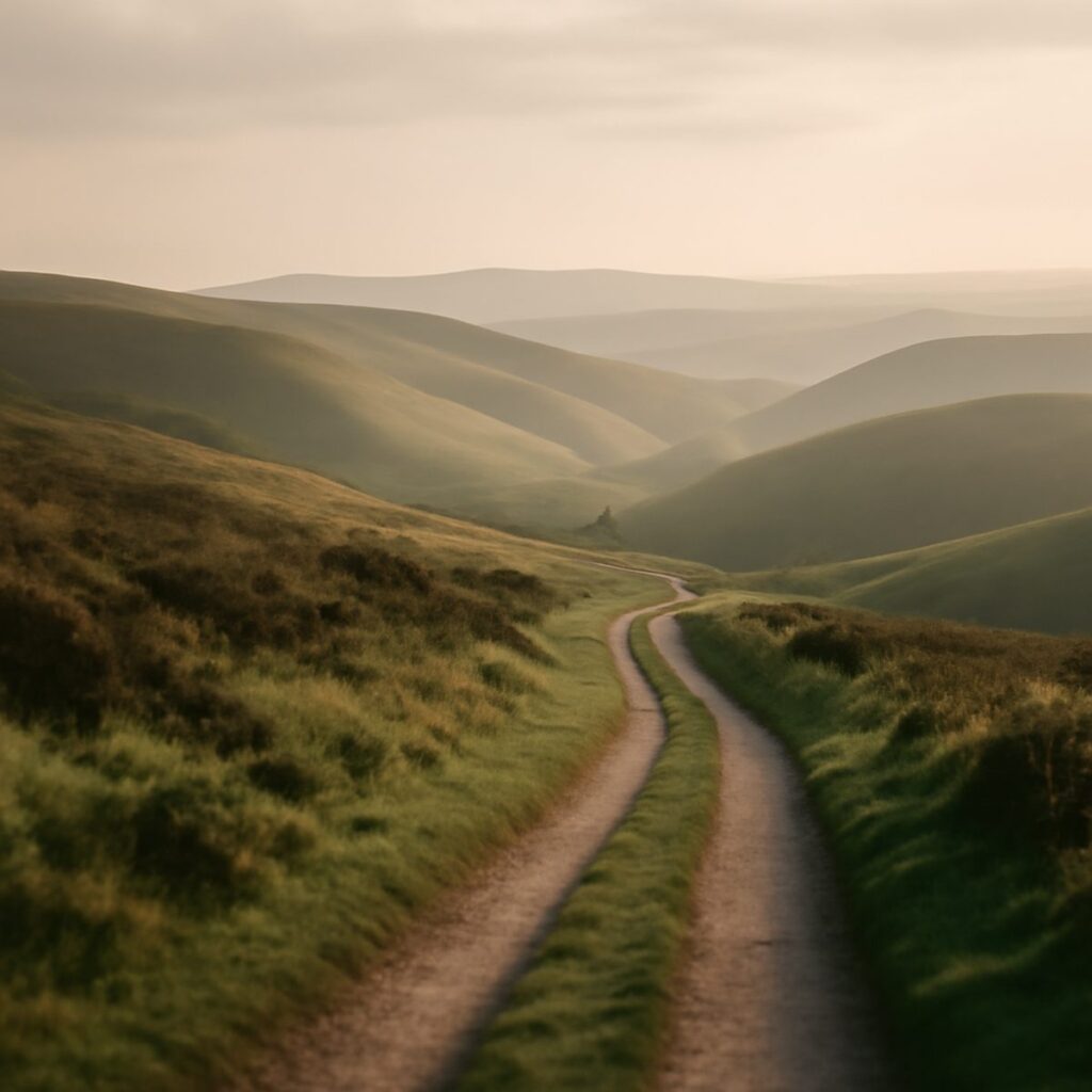 Rolling Quantock hills and a soft grassy track under gentle Somerset light