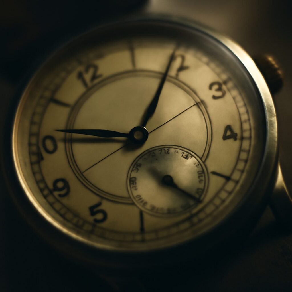 A vintage sector-dial wristwatch face with concentric printed rings under soft light